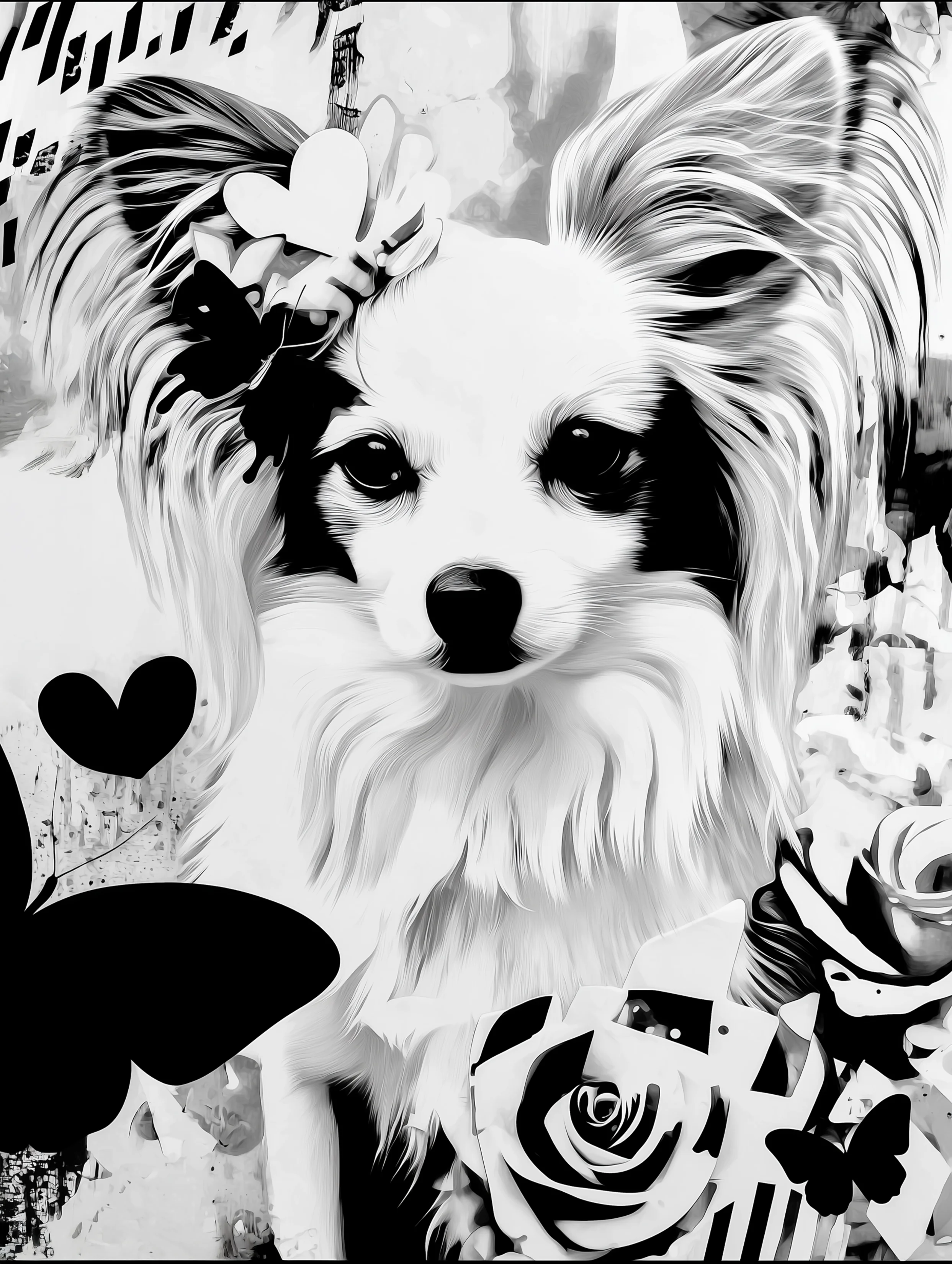 Free printable dog coloring page for adults featuring papillon with hearts and butterflies